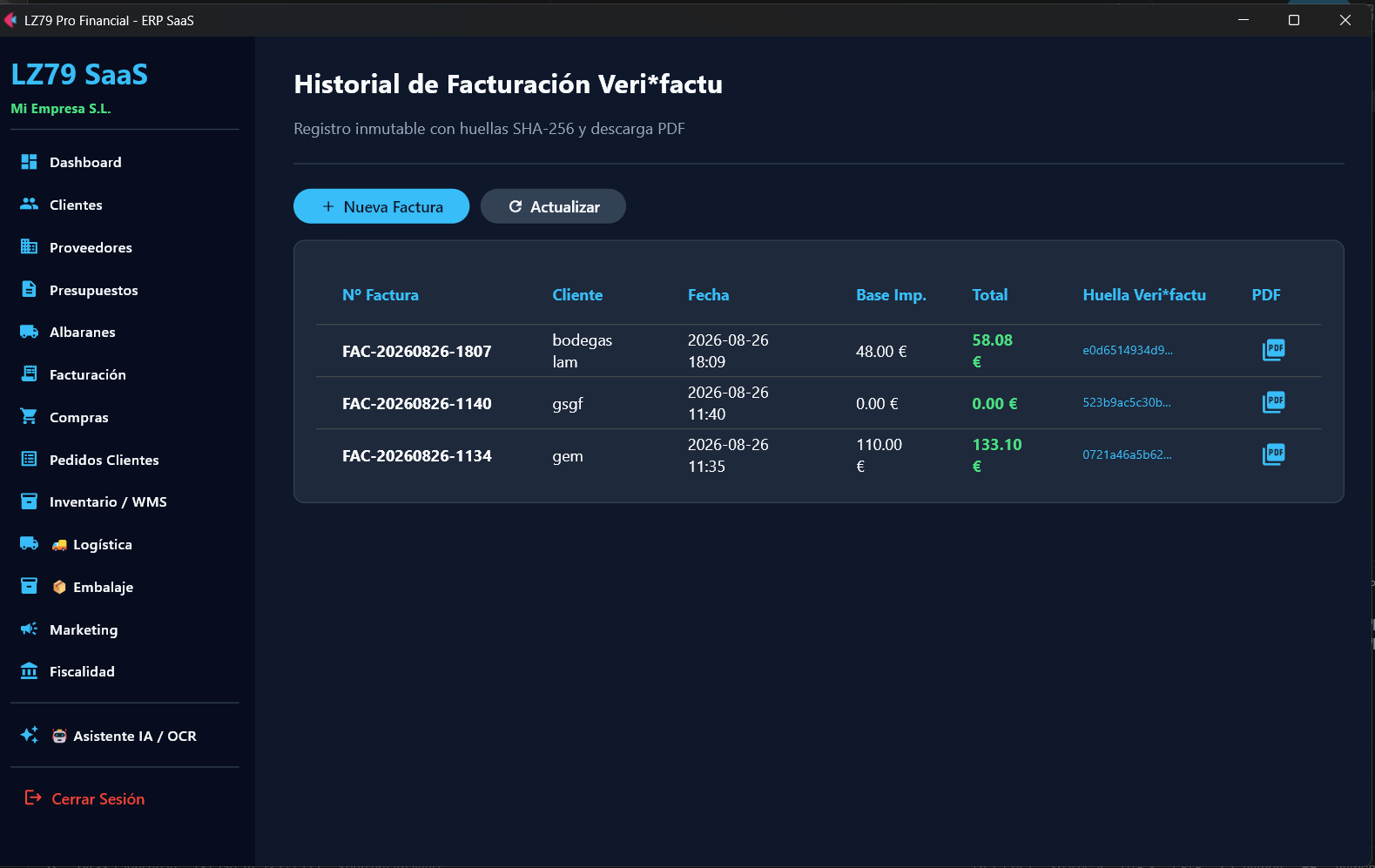 Historial de Facturación Veri*factu LZ79